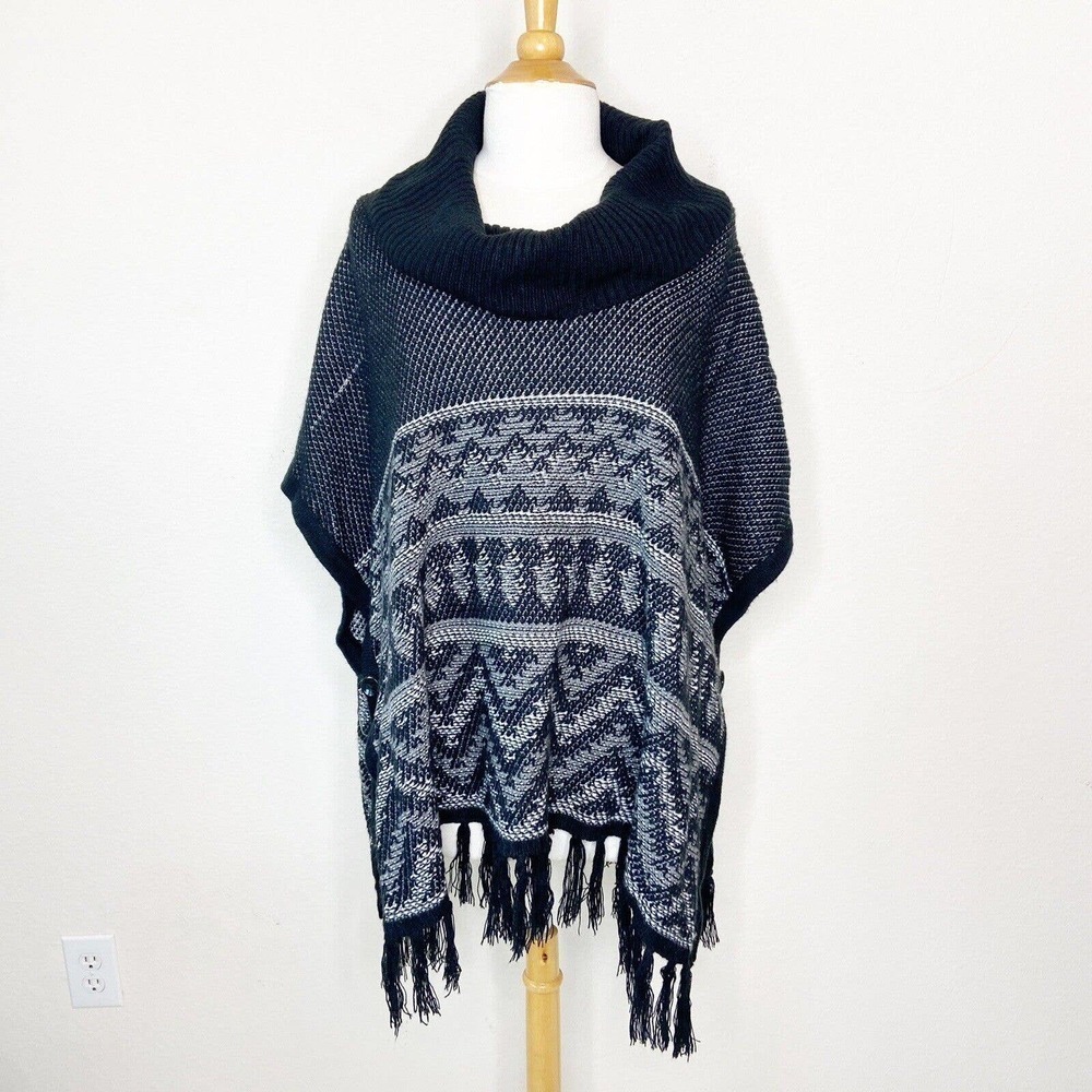 Indigo Black Button Side Fringe Cowl Neck Poncho L